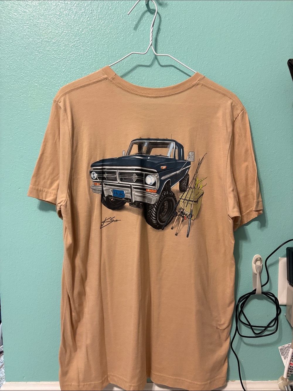 Men's Tan HUK Graphic Tee with Vintage Truck Design